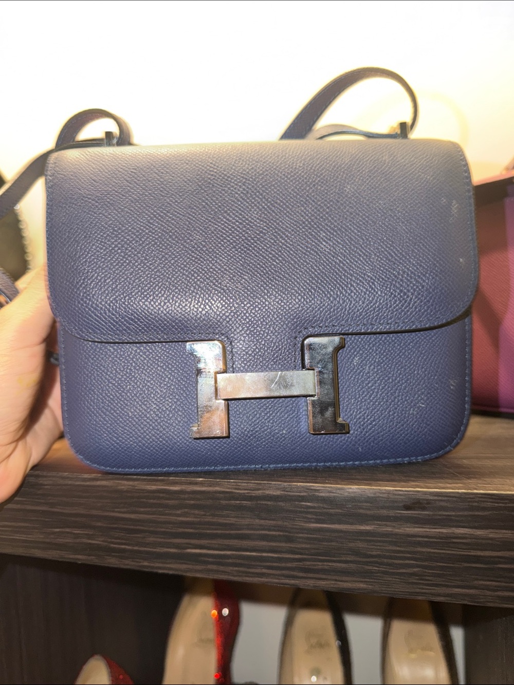 Navy Epsom Leather Crossbody Bag with Metal H-Clasp NO offers.